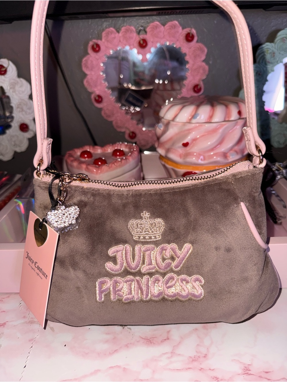 Juicy Couture “Juicy Princess” Taupe Suede Mini Shoulder Bag with Pink Trim